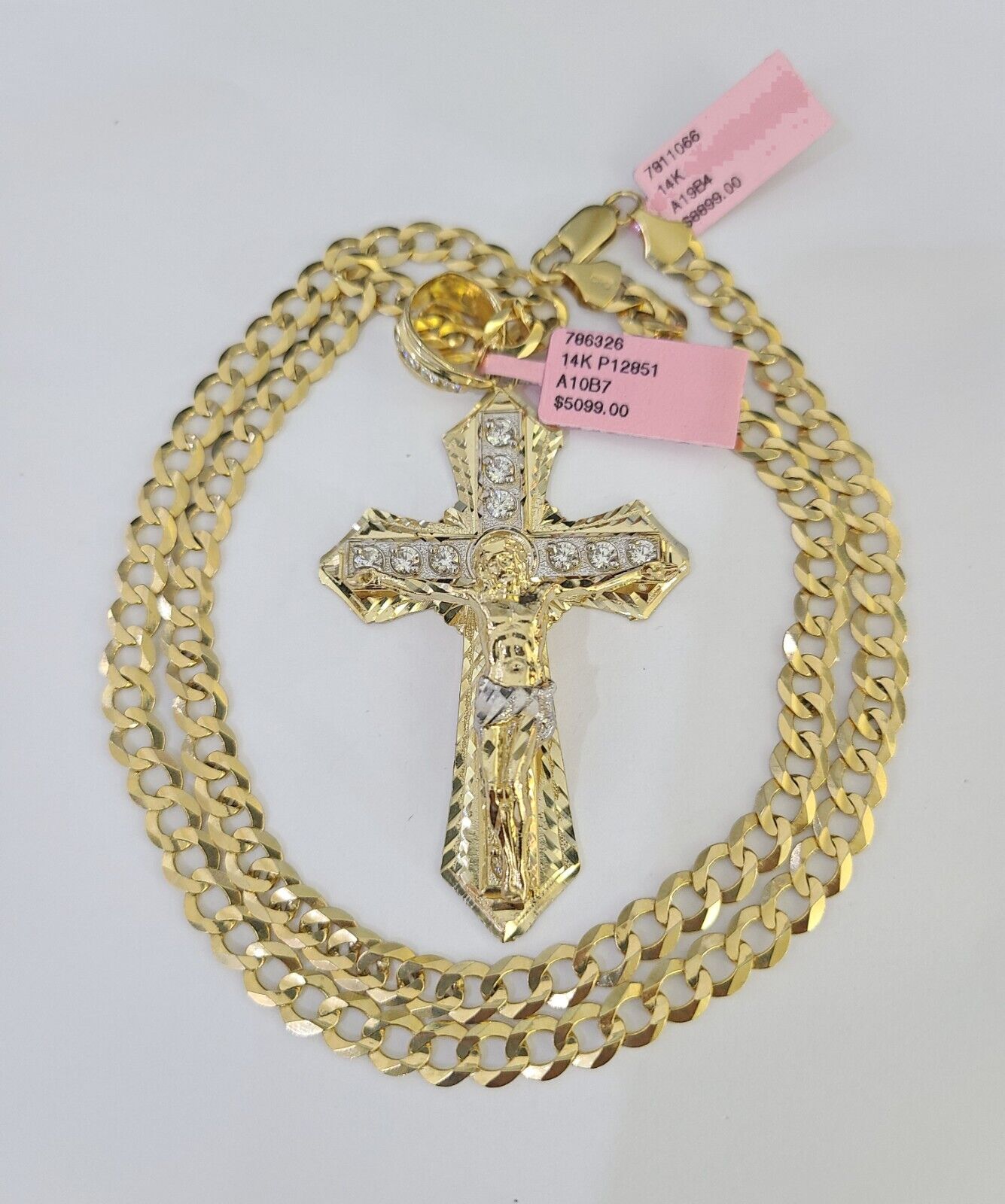 14k Gold Chain Jesus Cross Charm Solid Cuban Curb 5mm 20"-28" Inch SET Necklace