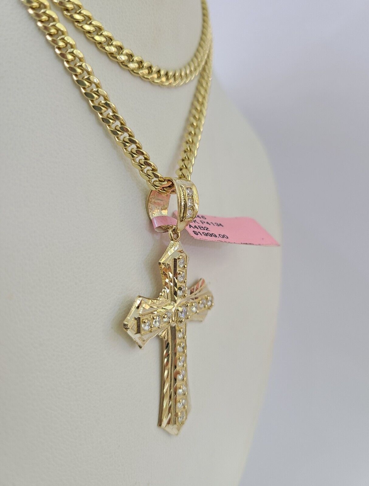 Real 14k Chain Cross Charm Set Miami Cuban Link 4mm Necklace Pendant Yellow Gold