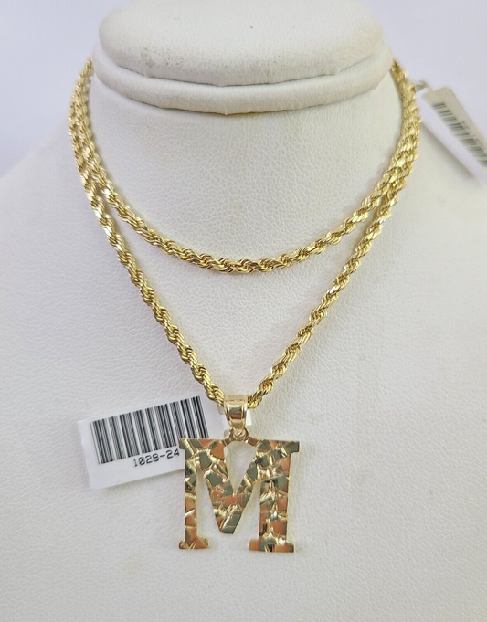 10k Gold Initial M Charm Rope Chain 16"-26" 2.5mm SET Necklace Alphabet Pendant