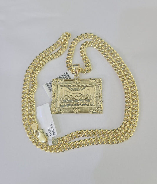10k Last Supper Charm Miami Cuban Chain Pendant Set 5mm Necklace Yellow Gold