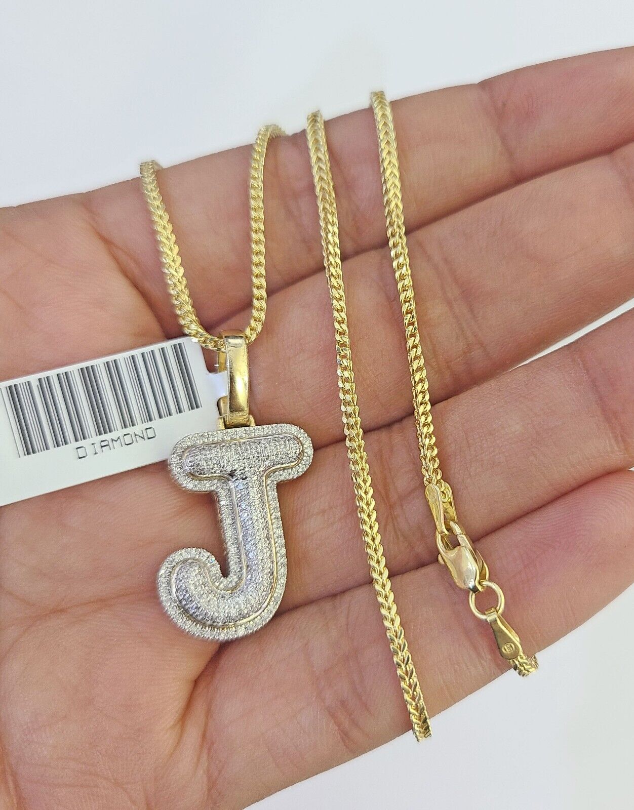 10K Franco Chain Diamond J Pendant Initial Charm Letter Necklace 18"-24" 1.5mm