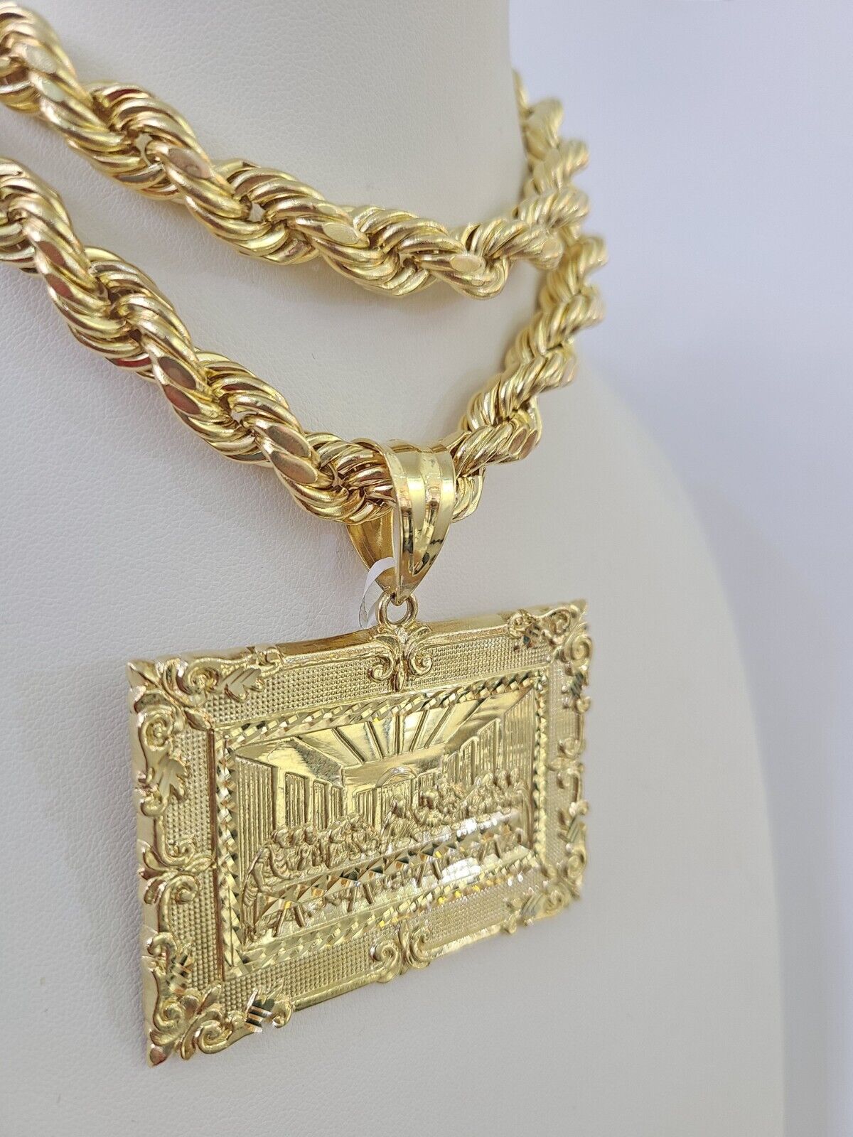 Real 10k Rope Chain Last Supper Charm Set 10mm 20"-30" Inch Necklace Yellow Gold