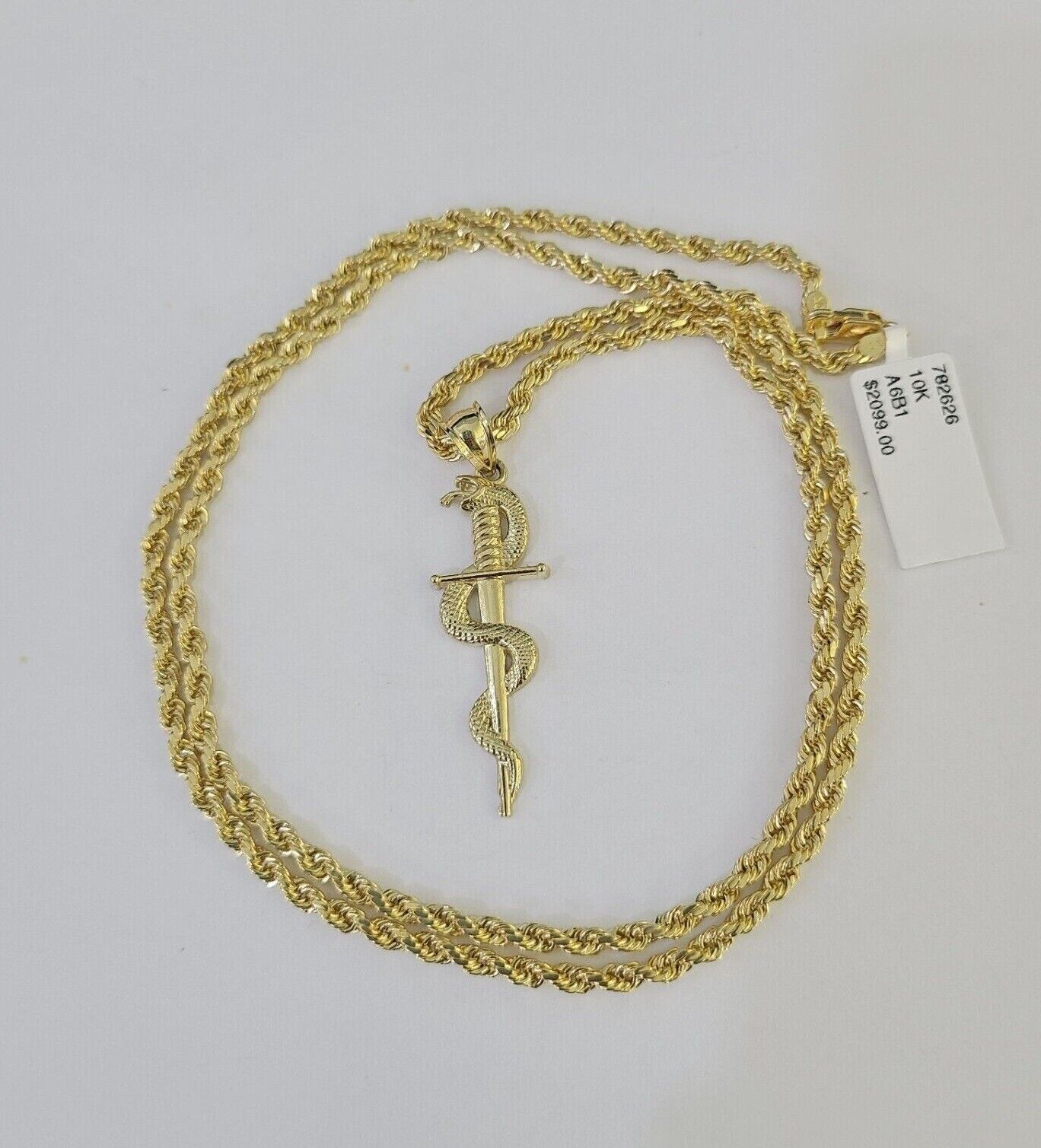 10k 3mm Rope Chain Snake Sword Pendant 18"-30" Yellow Gold Set Charm Necklace