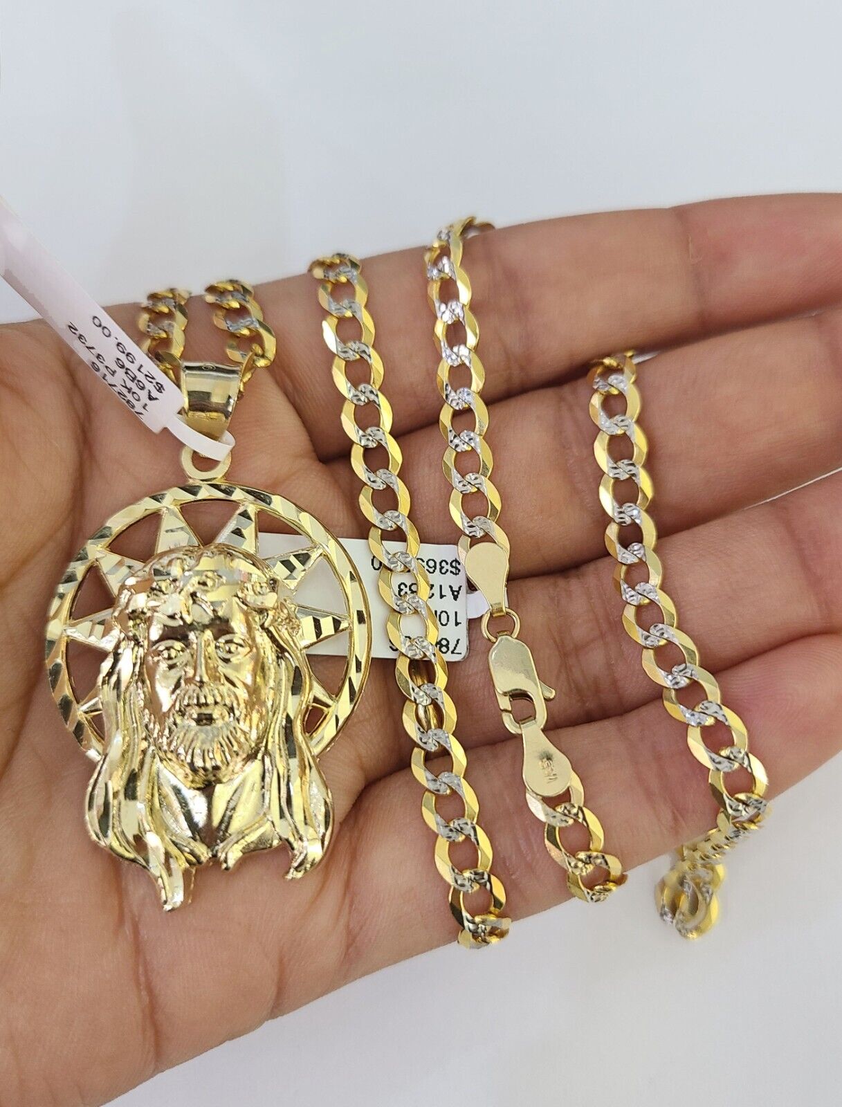 10k Gold Chain Jesus Head Charm Solid Cuban Curb Link 5mm 18"-28" Inch SET