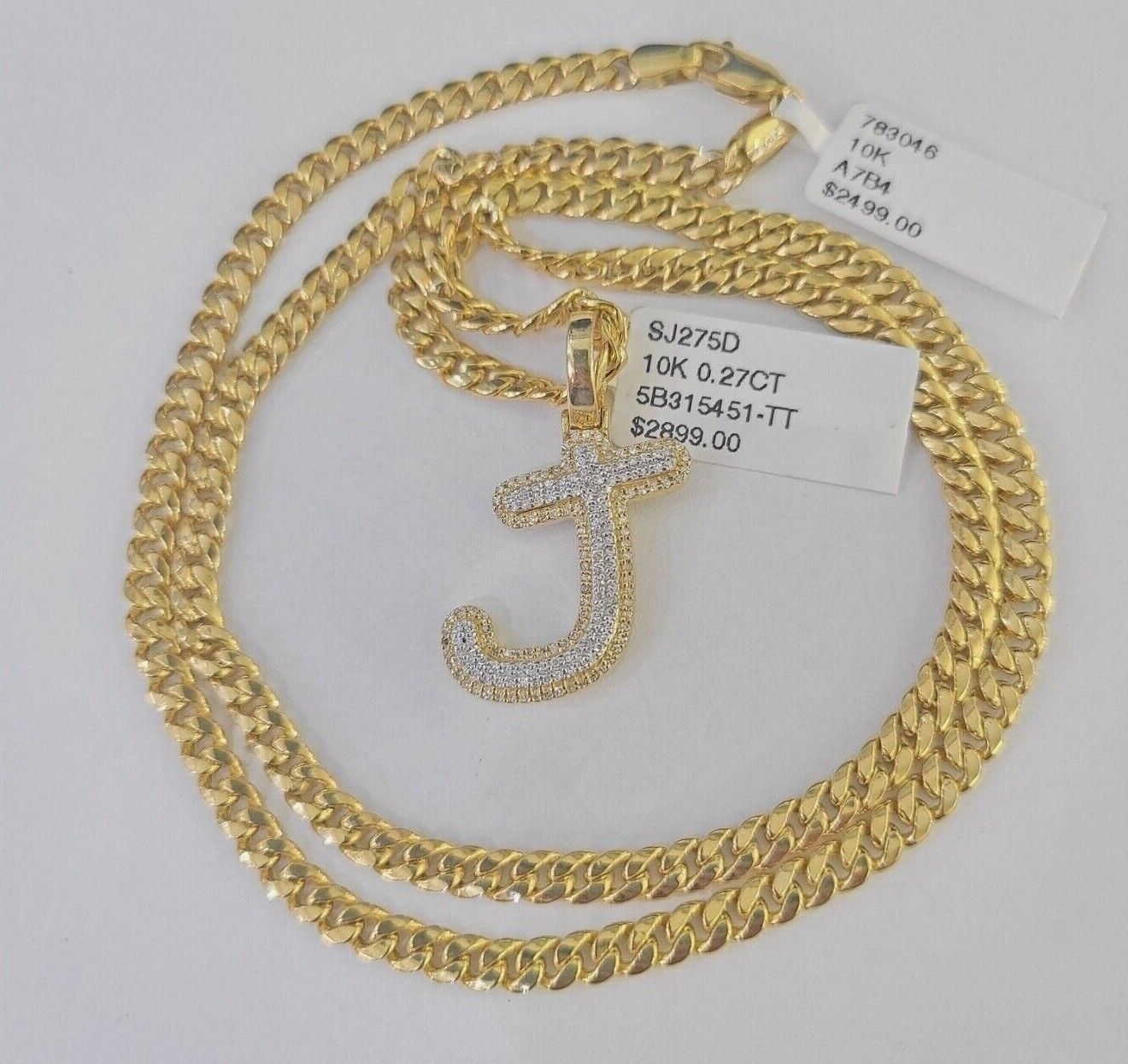 10k Miami Cuban Chain J Diamond Charm Set 4mm 18-26"Yellow Gold Necklace Pendant