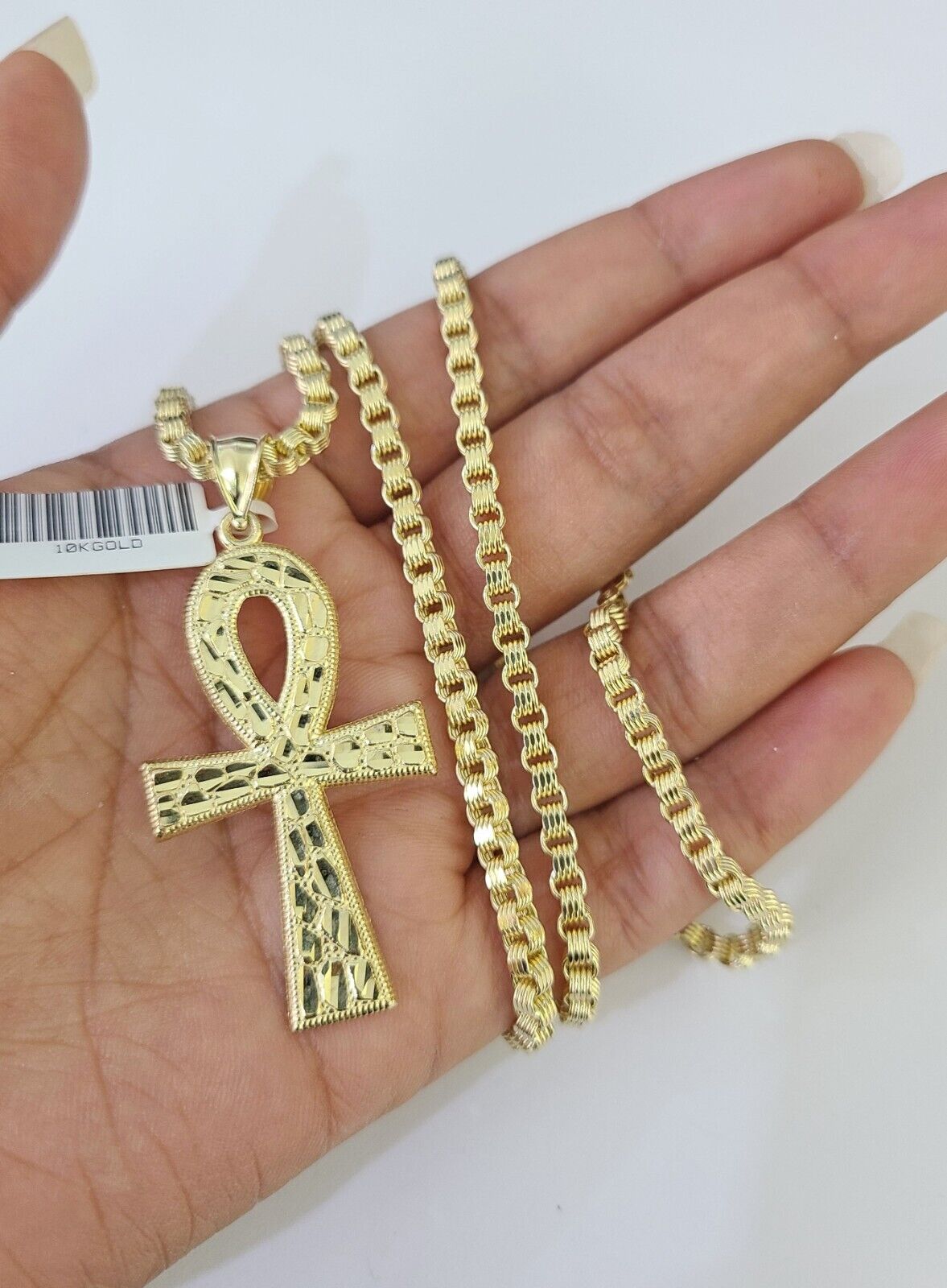 10k Gold Byzantine Necklace Ankh Cross Charm 18-28 inch 3mm SET Chain Pendant