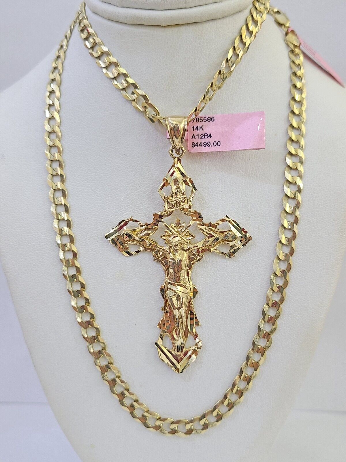 14k Gold Chain Jesus Cross Charm Solid Cuban Curb 5mm 20"-26" Inch SET Necklace