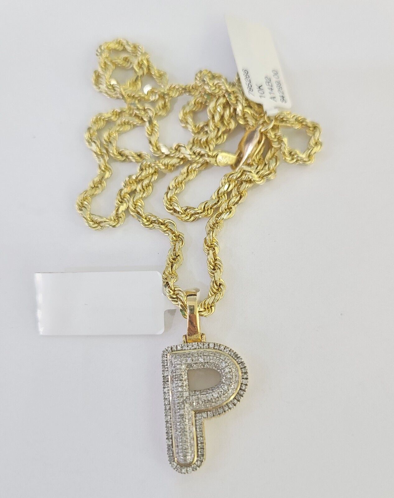 10k 3mm Rope Solid Chain P Diamond Pendant Alphabet 18"-28" Gold Charm Necklace