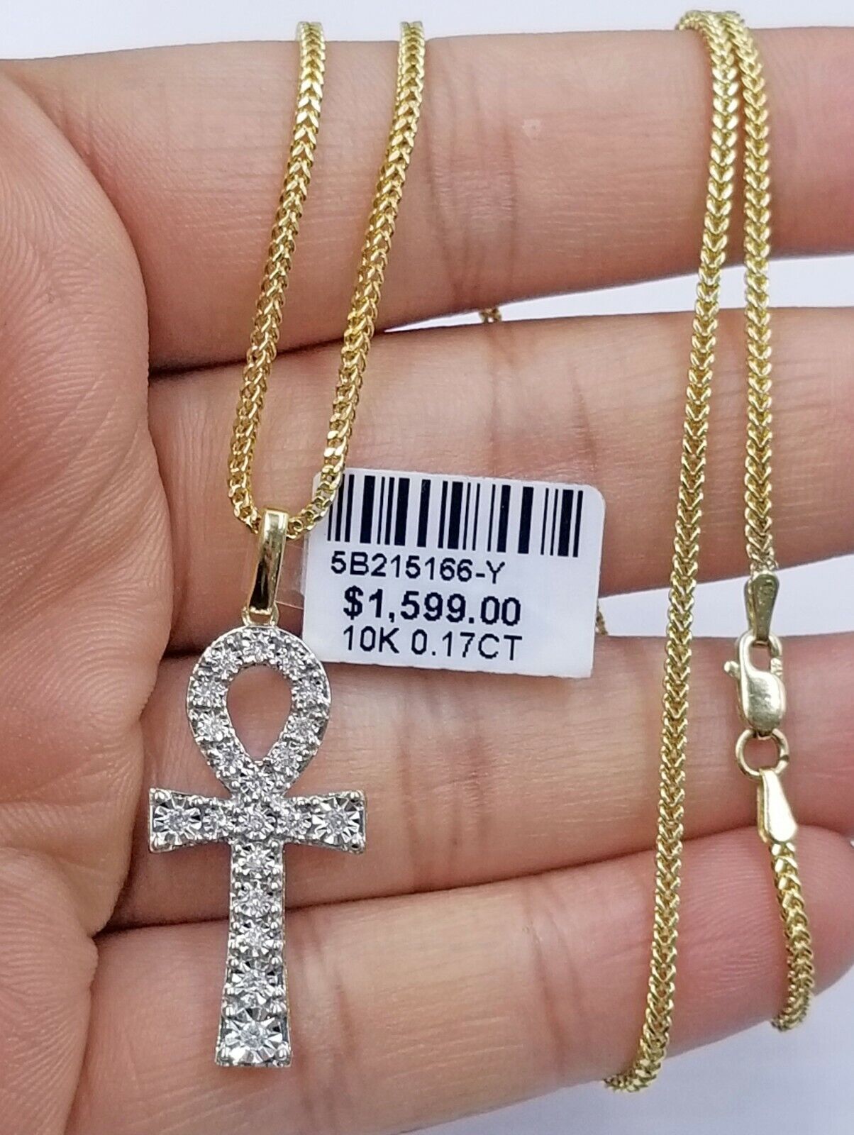 10k Gold Ankh Cross Charm Real Diamond 2mm Rope Chain 18" 20" 22" 24" 26"