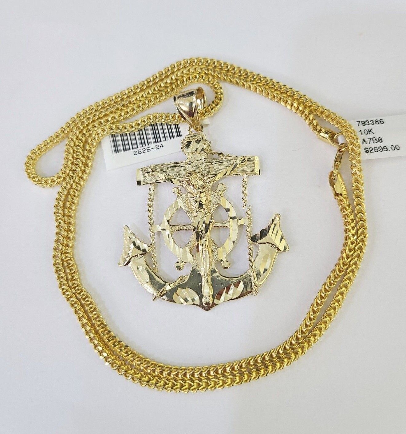 10K Franco Chain Jesus Anchor Pendant Charm Necklace 20"-26" 2.5mm Yellow Gold