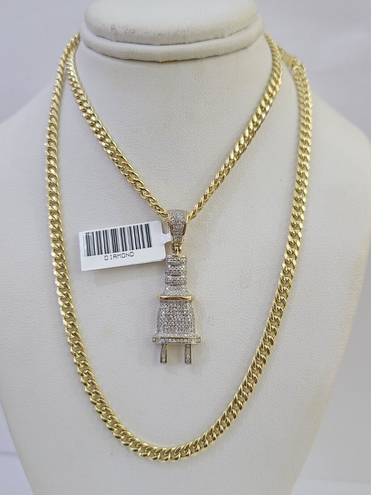 10k Miami Cuban Chain Plug Socket Charm Diamond Set 4.5mm 20"-28" Necklace Gold