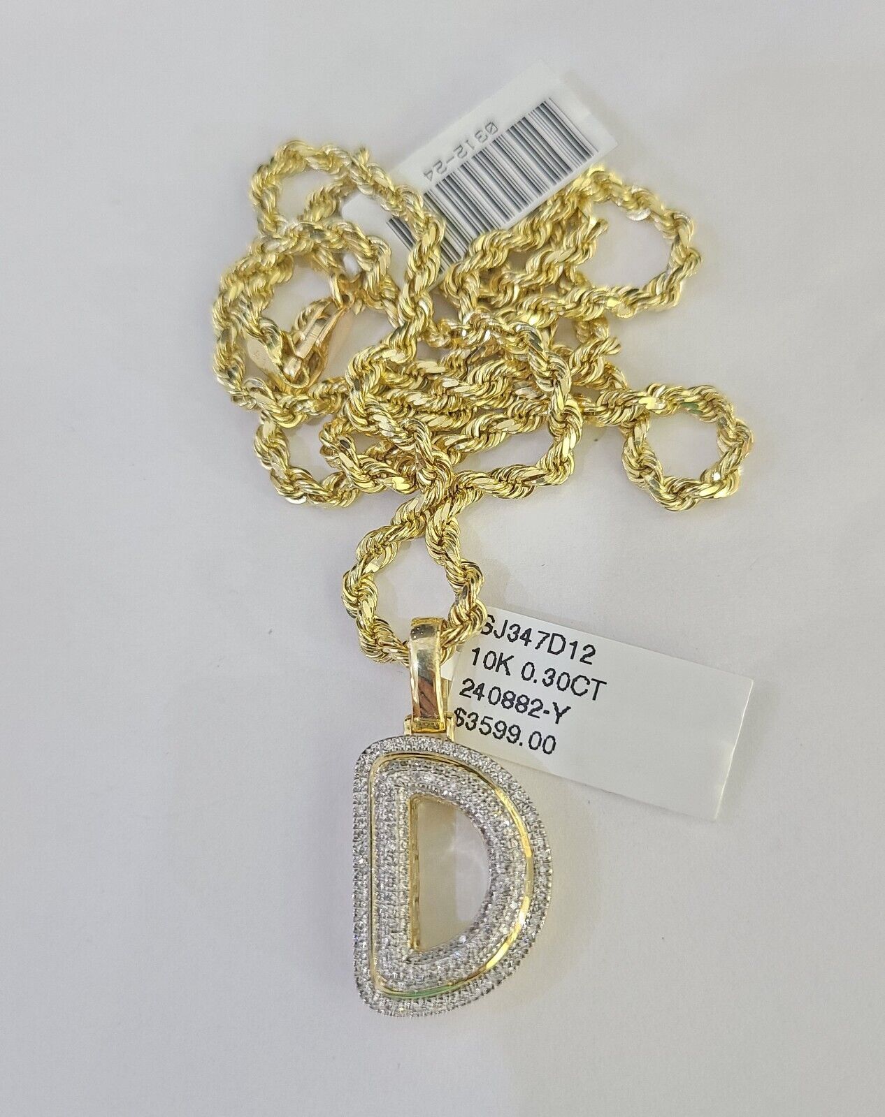 10k 3mm Rope Solid Chain D Diamond Pendant Alphabet 18"-28" Gold Charm Necklace