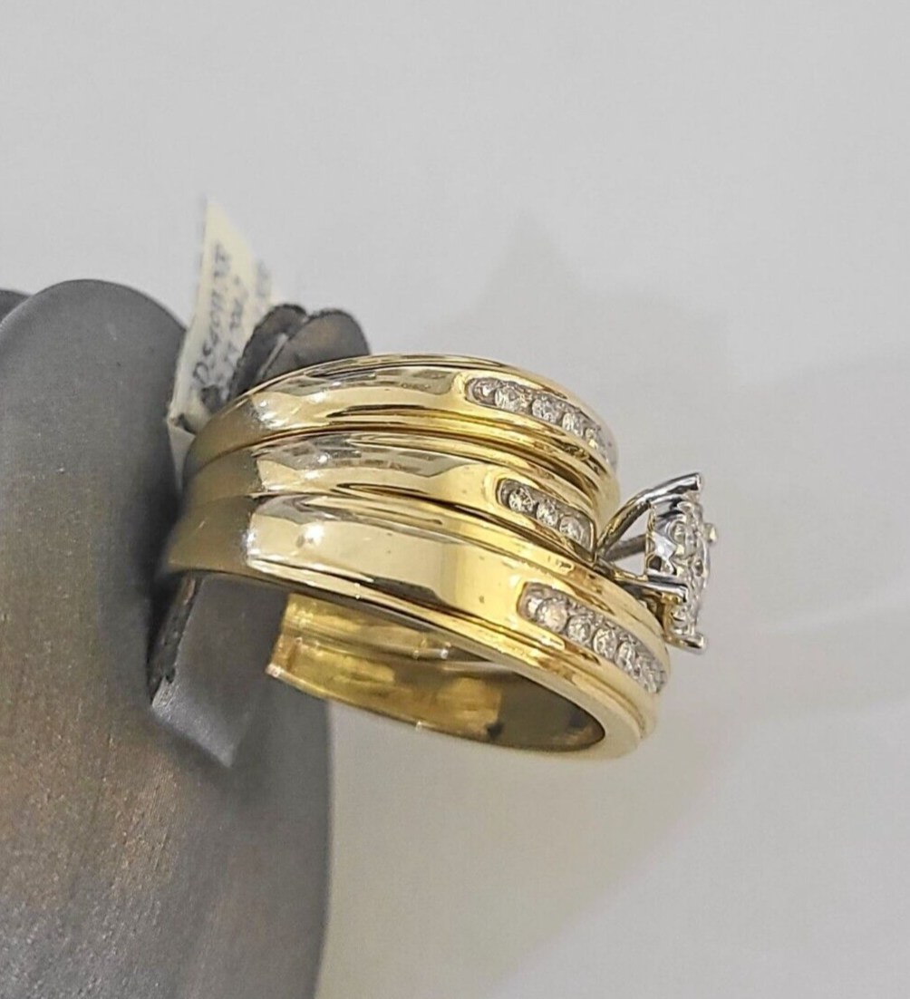 REAL 14k Diamond Ring Yellow Gold Ladies Men Trio SET Wedding Engagement Genuine