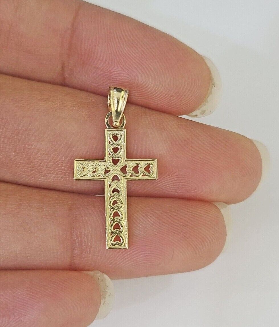 10K Gold Franco Chain Hearts Jesus Cross Charm SET 18-24 inches 1mm Necklace