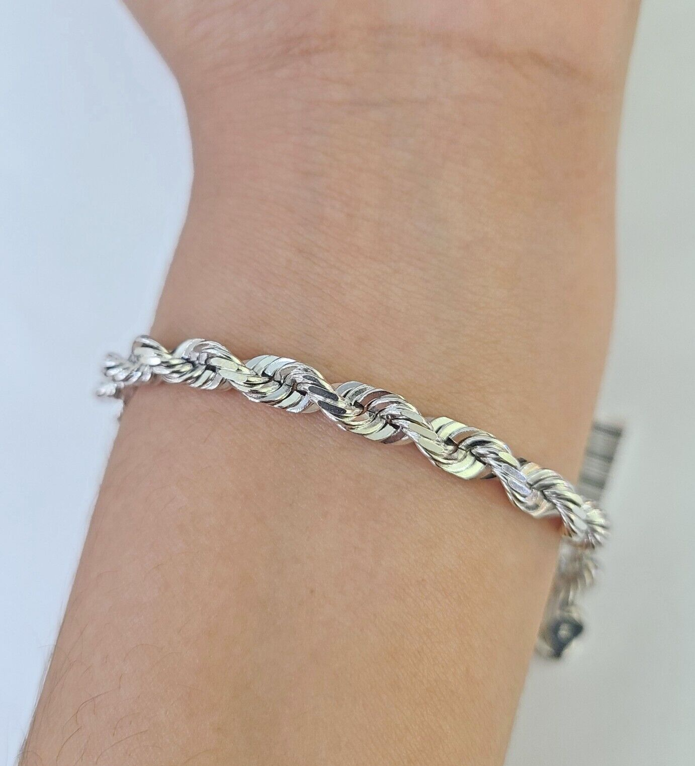 Real 10K Rope Bracelet White Gold Solid 5mm 8.5Inch Lobster Lock Unisex  Genuine