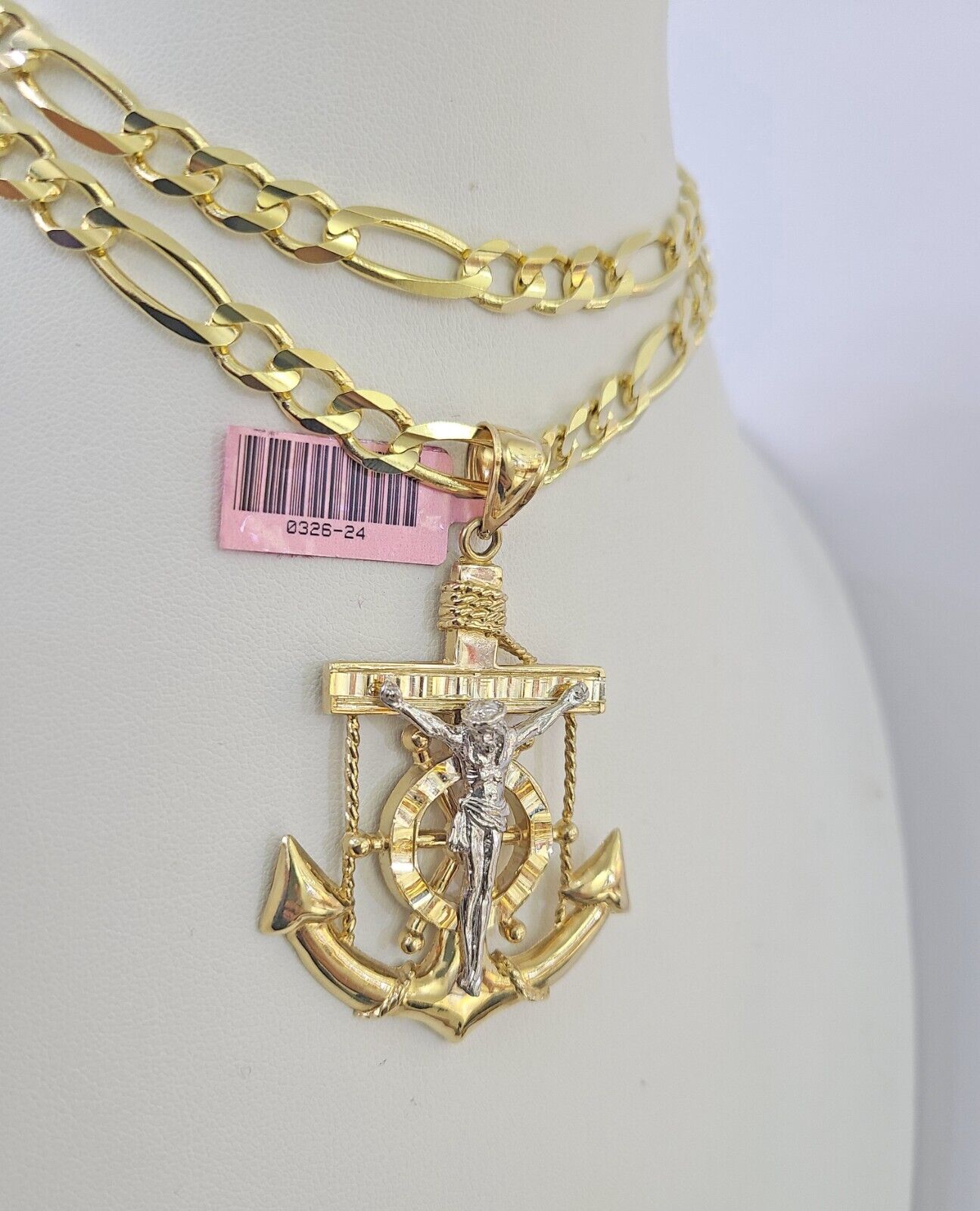 14k Solid Figaro Chain Jesus Anchor Charm Pendant Gold 7mm 20"-30" SET Necklace