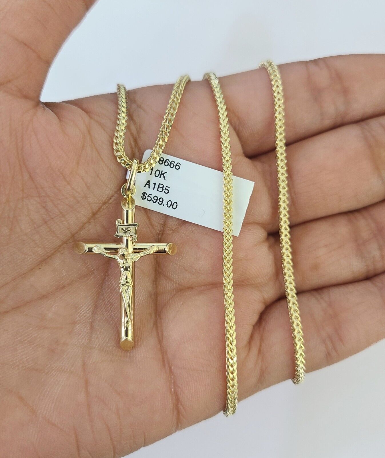 10K Franco Chain INRI Jesus Cross Pendant Charm Necklace 16"-24" 2mm Gold SET