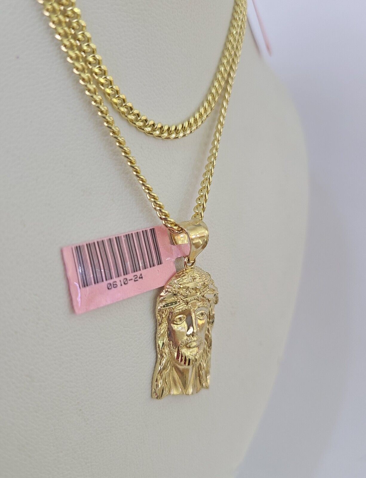 14k Miami Cuban Chain Jesus Head Charm Yellow Gold Set 3mm 18"-28" Necklace