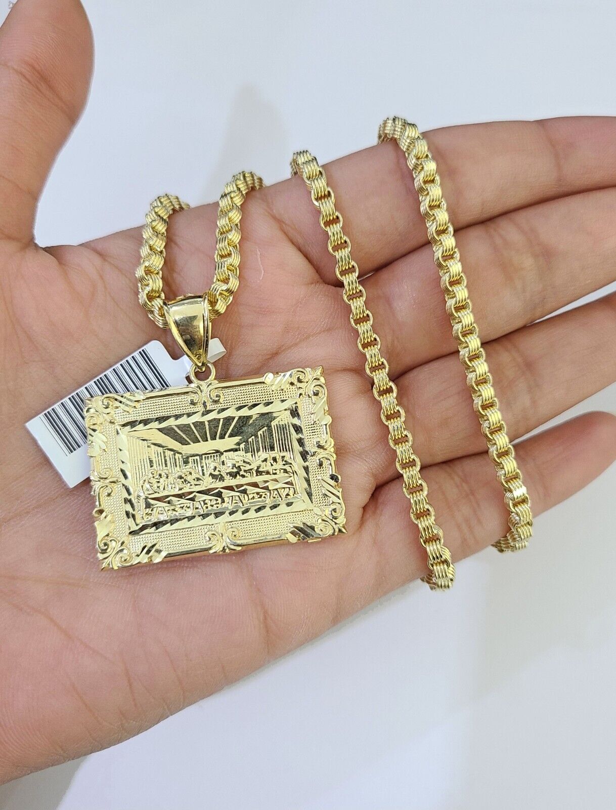 10k Gold Byzantine Necklace Last Supper Charm 18-26 inches 3mm REAL SET Chain