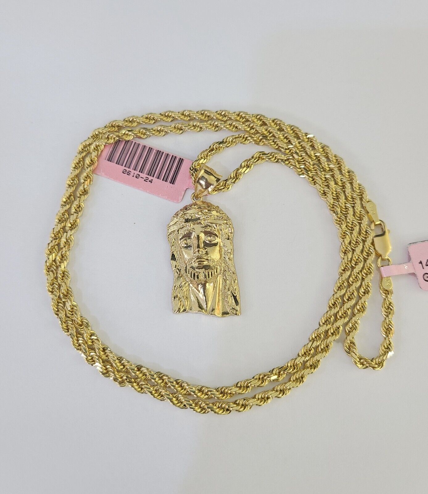 Real 14k Rope Chain Jesus Head Charm Set Yellow Gold 3mm 18-30" Necklace Pendant