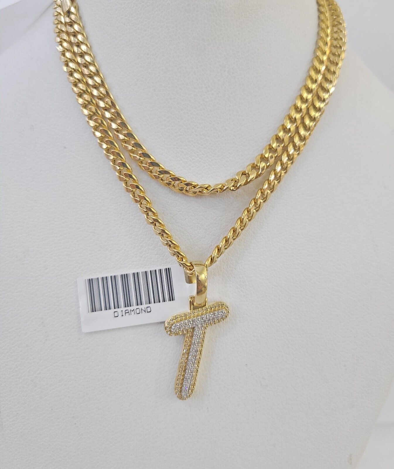 10k Miami Cuban Chain T Diamond Charm Set 4mm 18-26"Yellow Gold Necklace Pendant