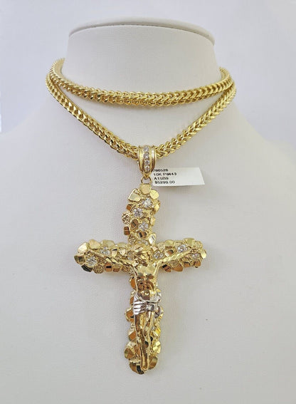 10K Franco Chain Jesus Cross Pendant Charm Necklace 20"-26" 5mm Gold Yellow SET