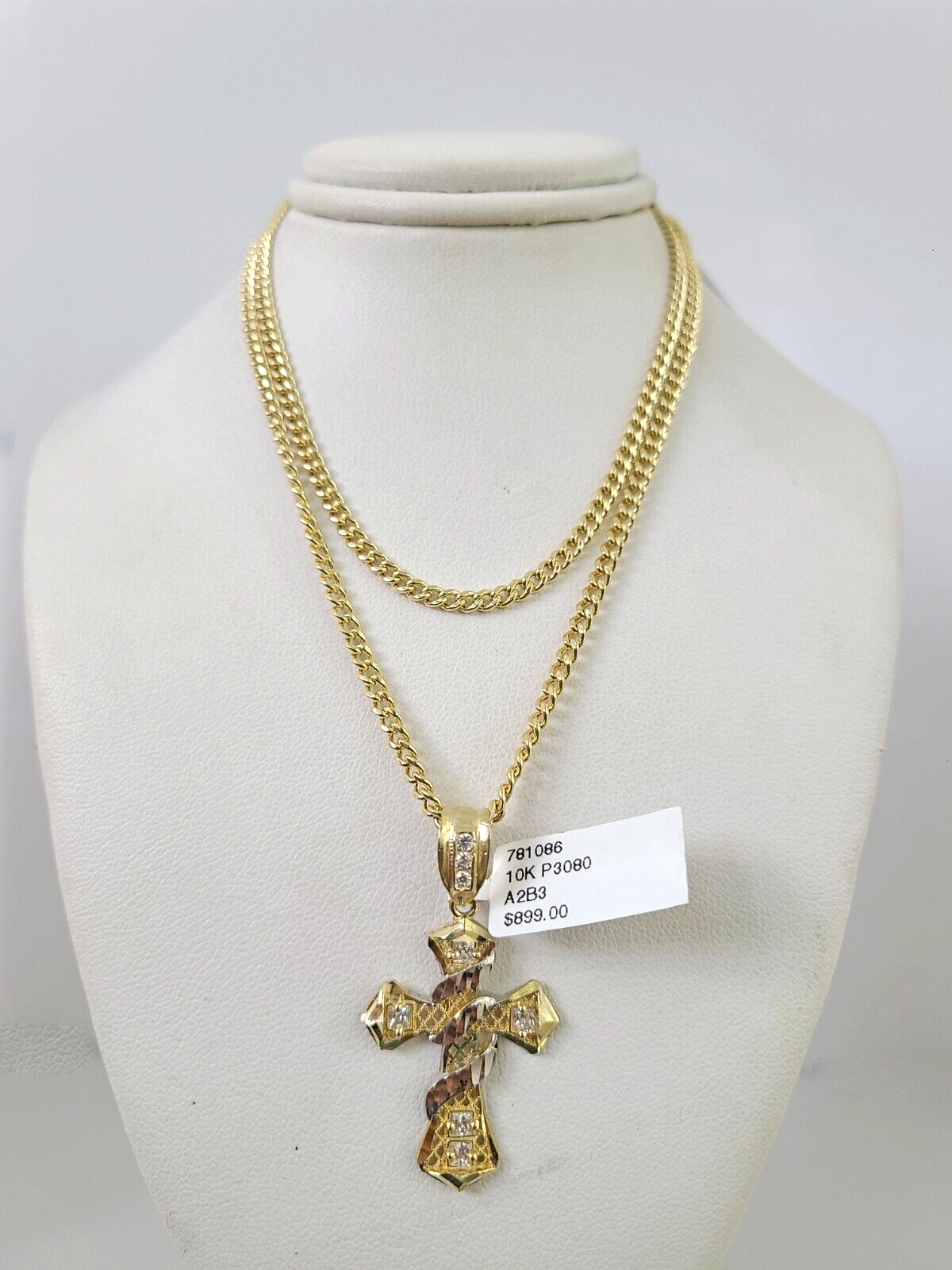 10k Gold Miami Cuban Chain Spiral Cross Charm Pendant 3mm 18-28in Necklace Set