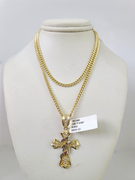 10k Gold Miami Cuban Chain Spiral Cross Charm Pendant 3mm 18-28in Necklace Set