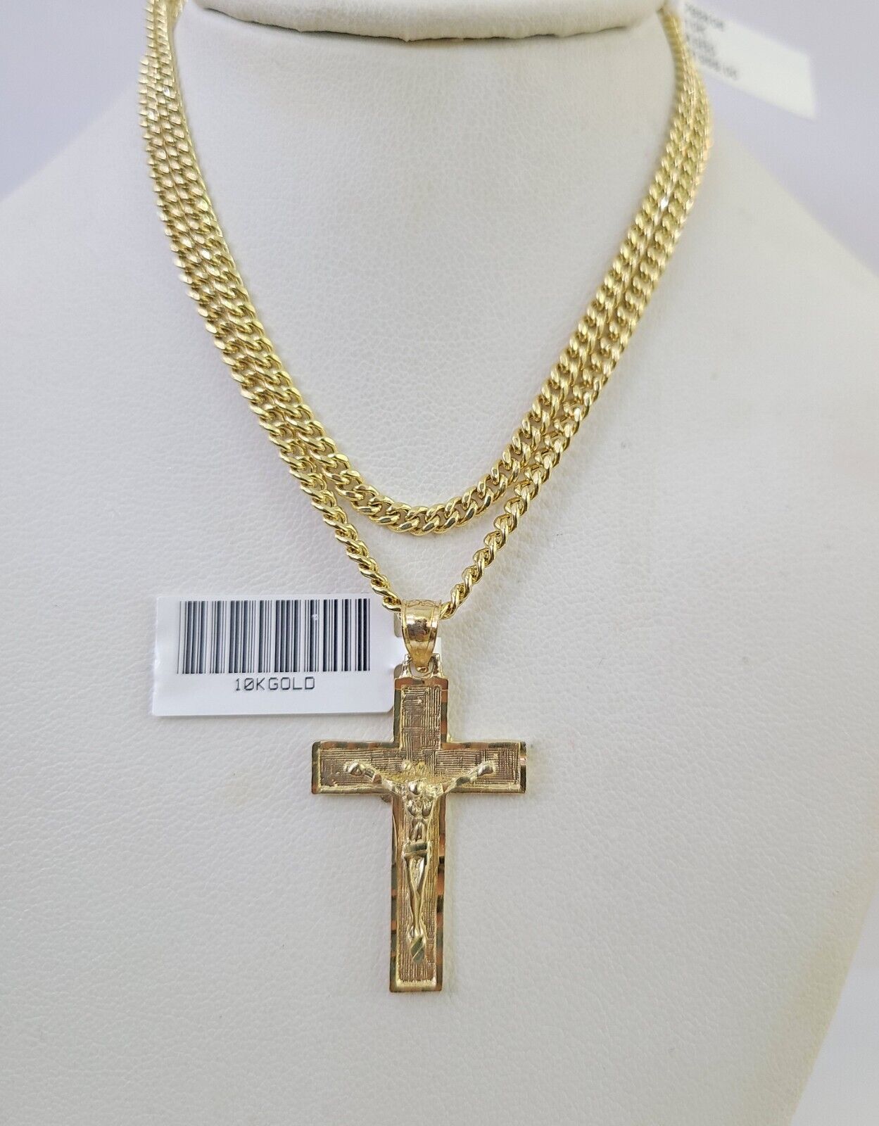 10K Gold Miami Cuban Chain Jesus Cross 18"-28" 3mm Pendant Necklace SET Charm