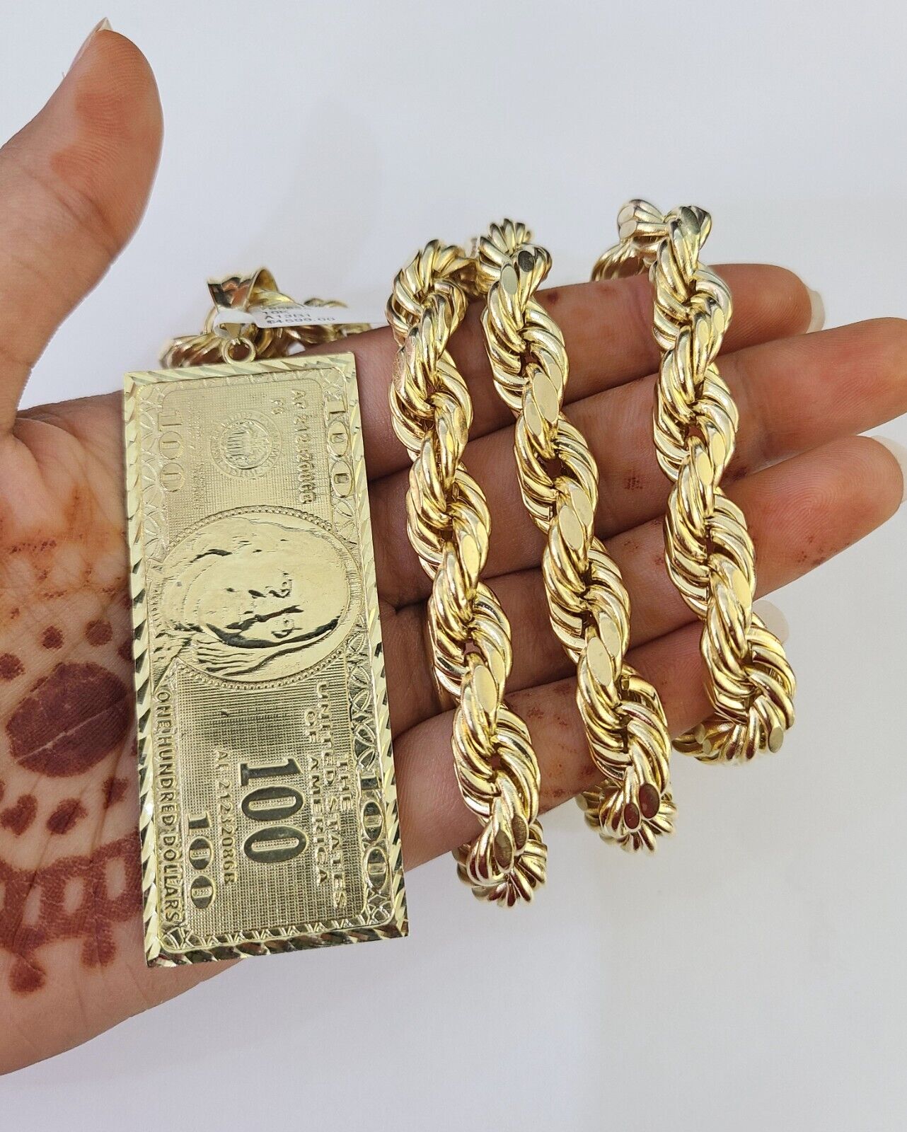 Real 10k Rope Chain 100 Money Dollar Charm Set 10mm 20"-30" Inch Necklace Gold