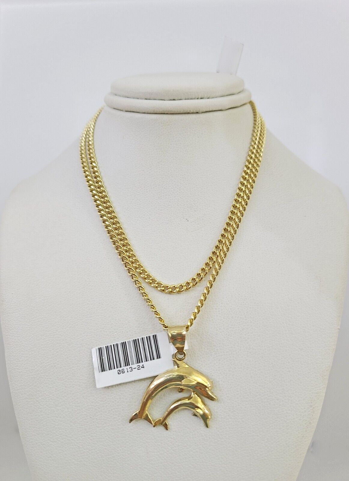 10k Gold Miami Cuban Chain Dolphins Charm Pendant 3mm 18-28in Necklace Set