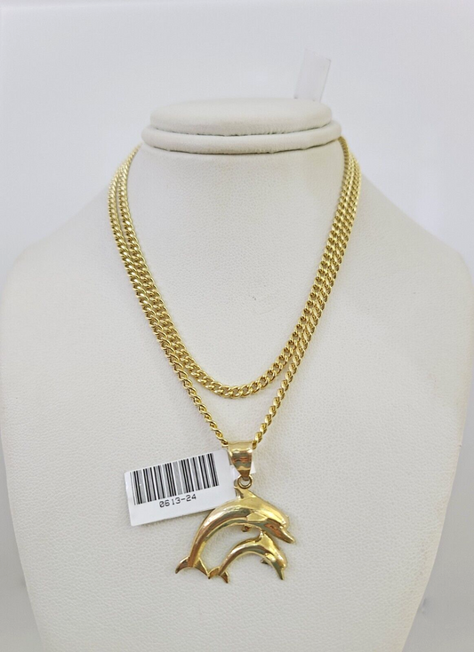 10k Gold Miami Cuban Chain Dolphins Charm Pendant 3mm 18-28in Necklace Set
