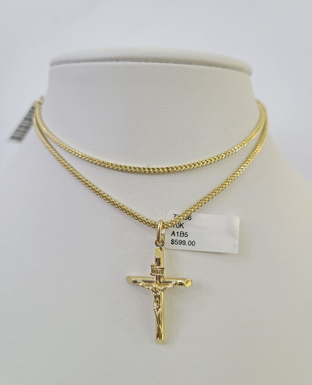 10K Franco Chain INRI Jesus Cross Pendant Charm Necklace 16"-24" 2mm Gold SET