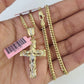 Real 14k Solid Chain Cross Charm Set Miami Cuban Link 3mm Necklace Pendant Gold