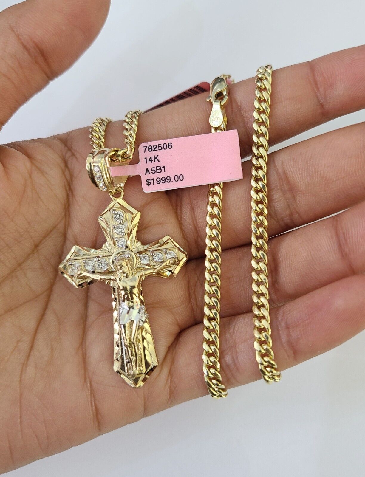 Real 14k Chain Cross Charm Set Miami Cuban Link 4mm Necklace Pendant Yellow Gold