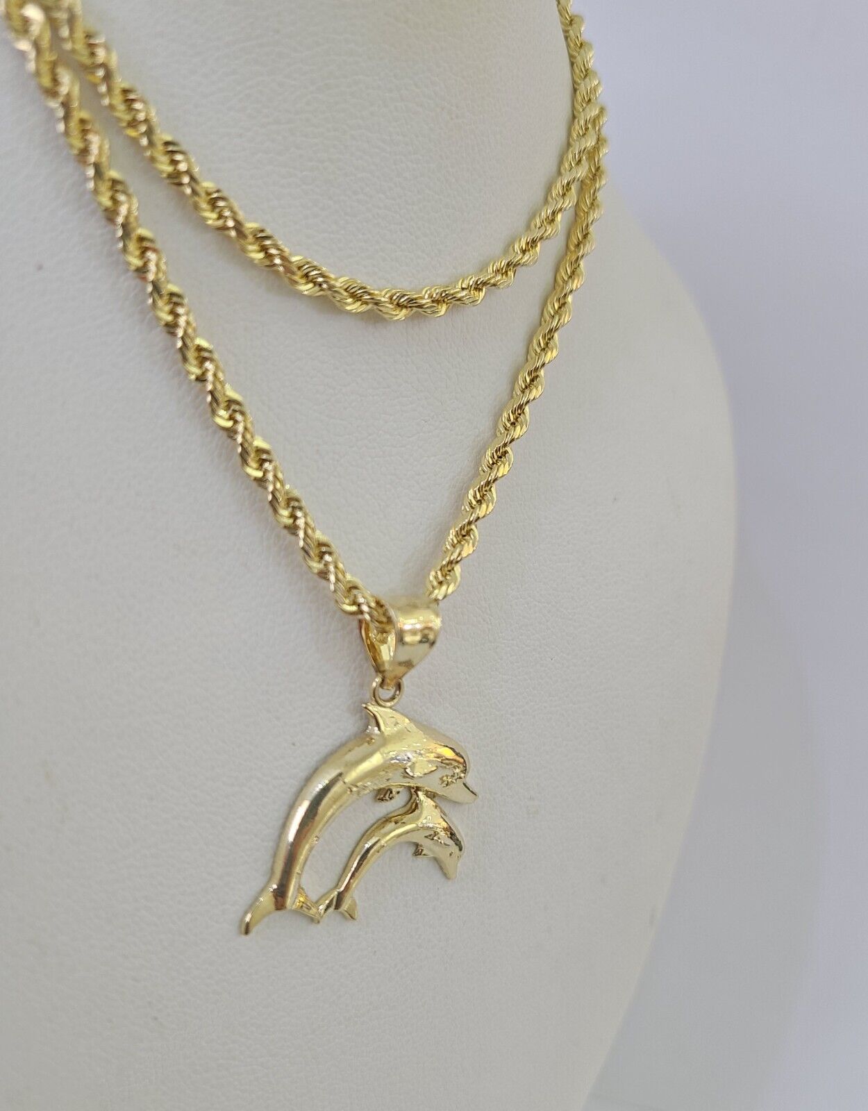 10k 3mm Rope Chain Dolphin Pendant 18" 20" 22" 24" 26" 28" 30" Gold Set Charm