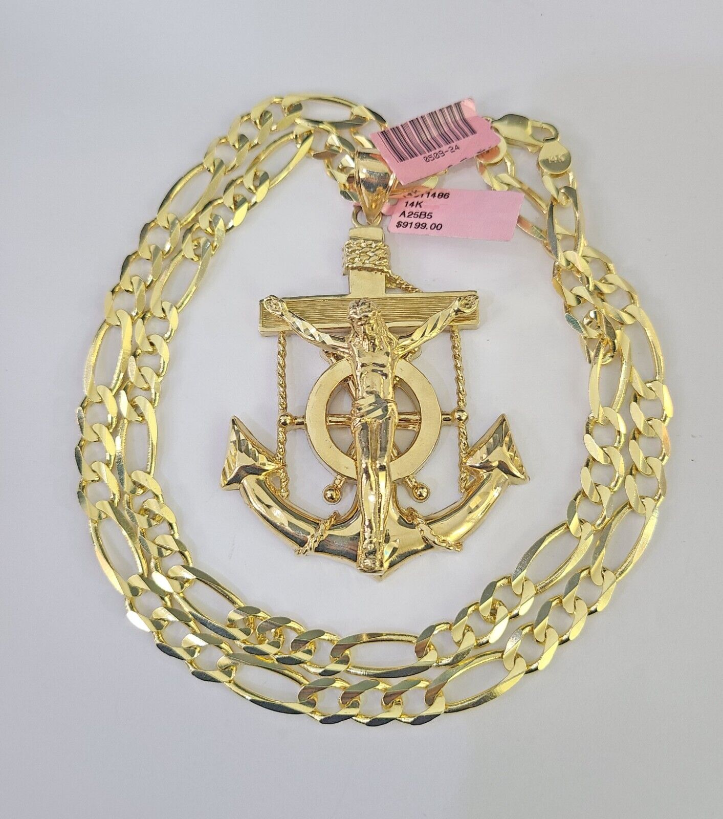 14k Solid Figaro Chain Jesus Anchor Pendant Gold 7mm 20-30 inch SET Necklace