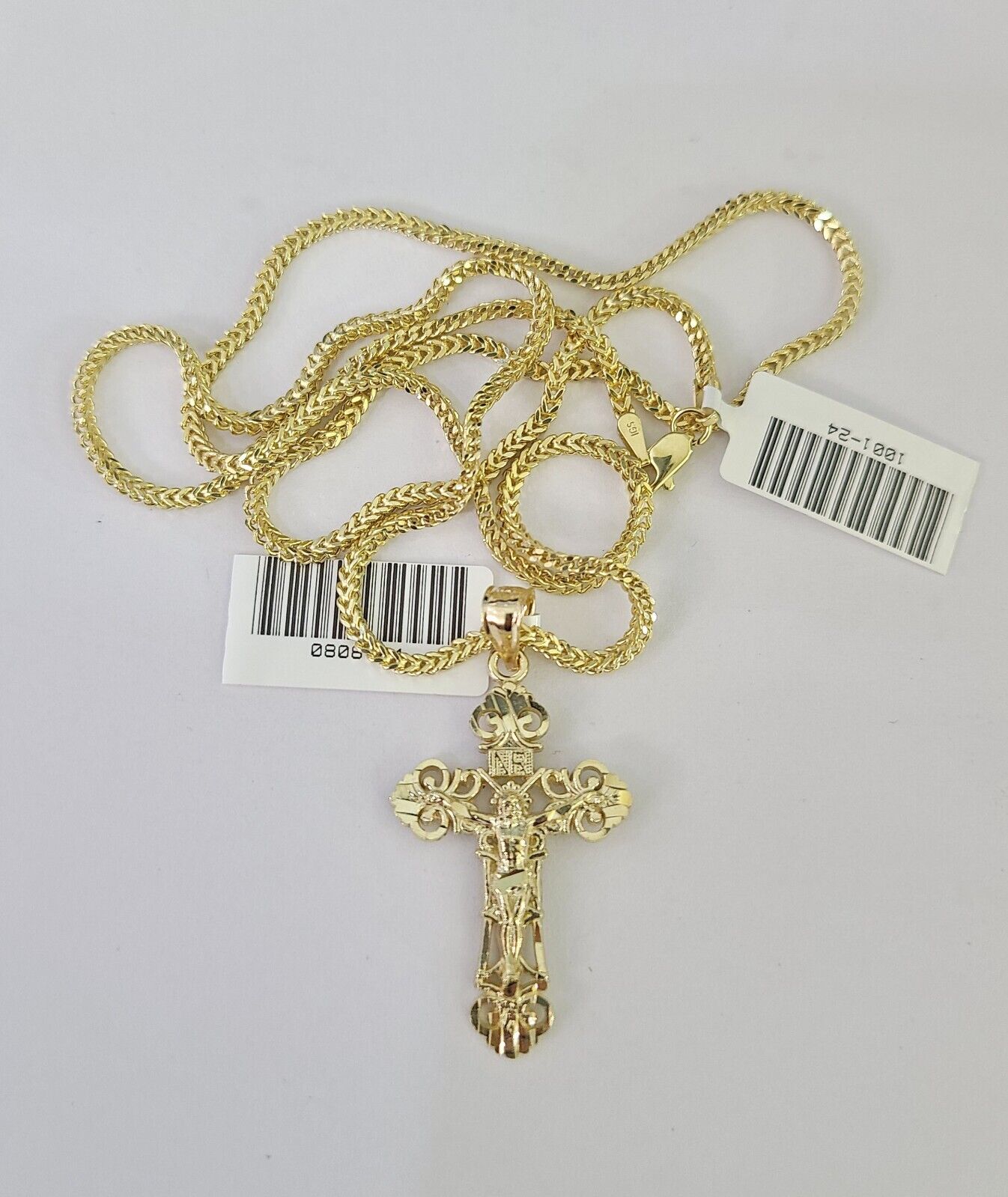 10K Franco Chain Jesus Cross Pendant Charm Necklace 16"-24" 2mm Gold SET Yellow