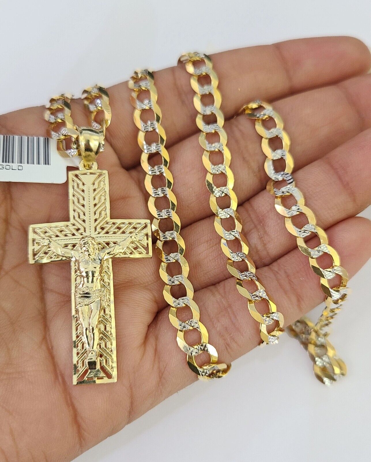 Real 10k Gold Cross Pendant Solid Cuban Curb Link Chain 6mm 20"-30" SET Necklace Two-tone