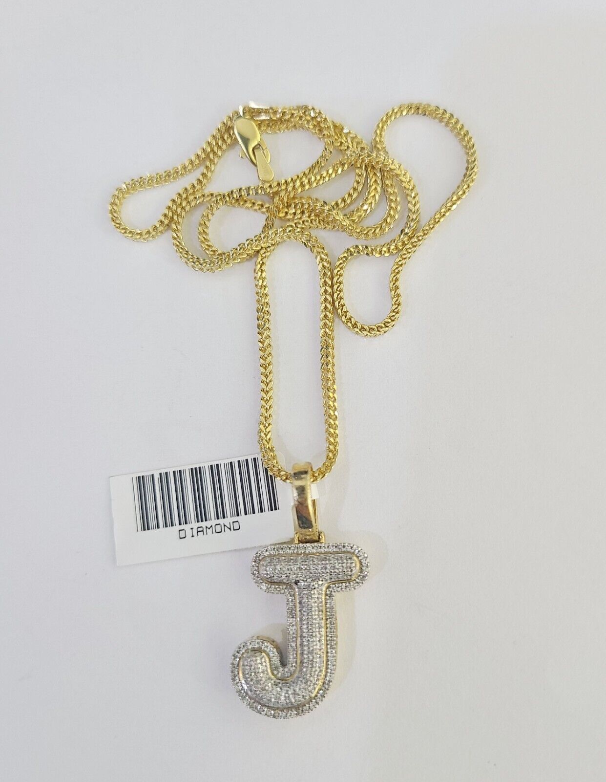 10K Franco Chain Diamond J Pendant Initial Charm Letter Necklace 18"-24" 1.5mm