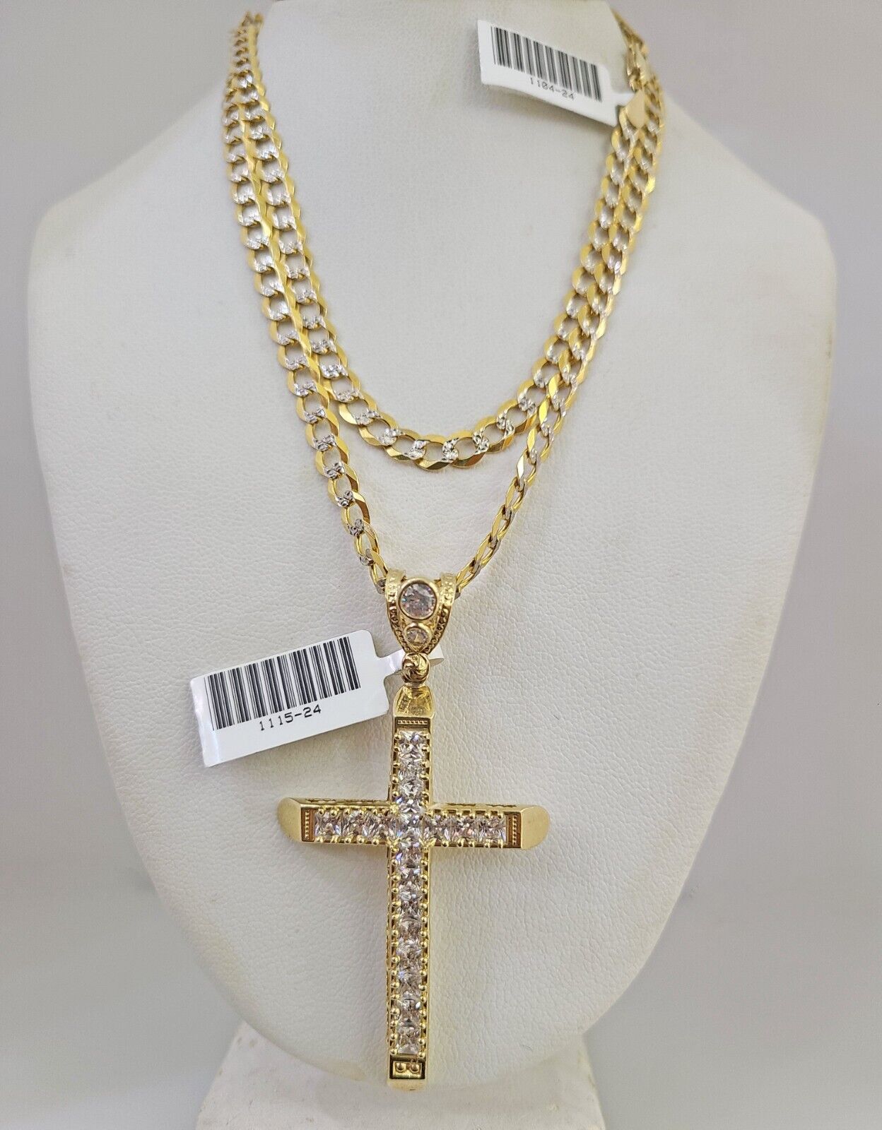 10k Gold Chain Jesus Cross Charm Solid Cuban Curb 5mm 18"-28" Inch SET