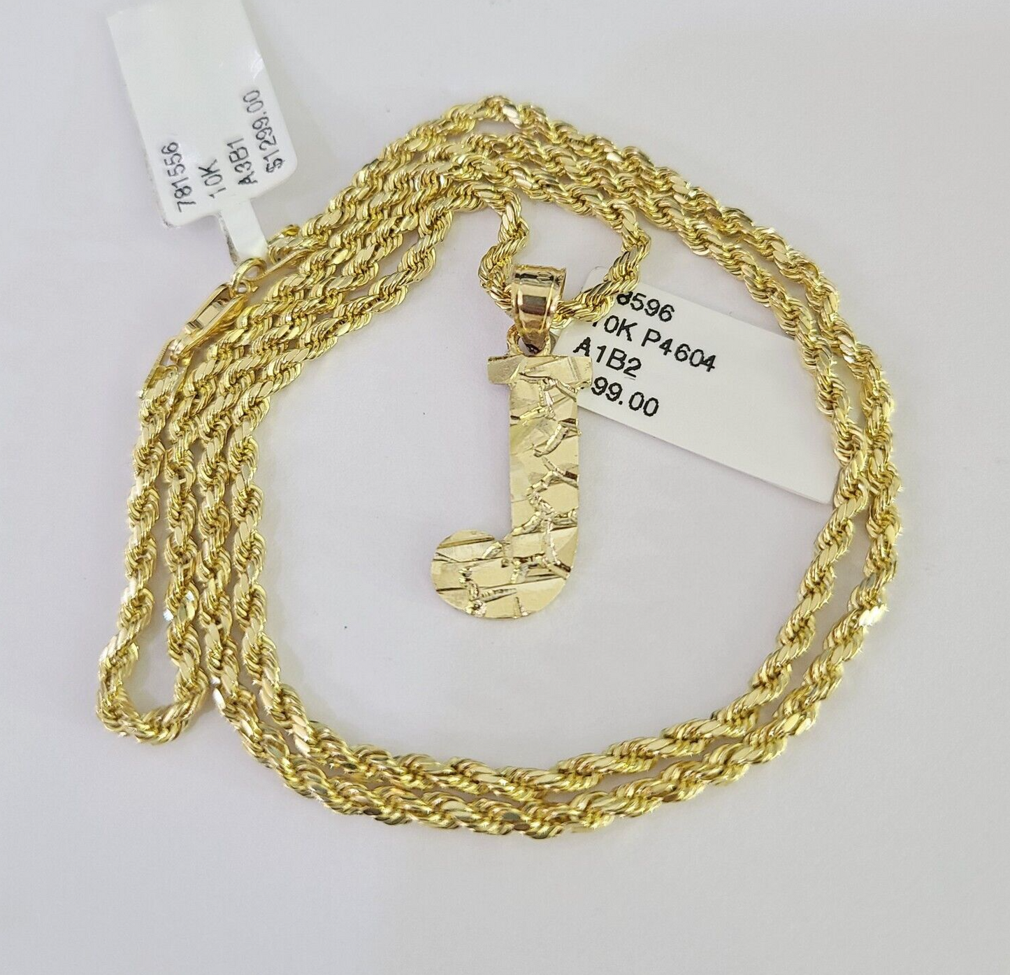 10k Gold Initial J Charm Rope Chain 16"-26" 2.5mm SET Necklace Alphabet Pendant