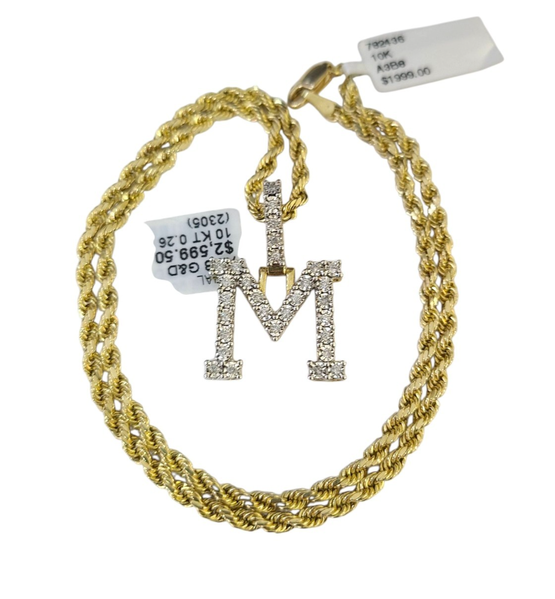 10k Rope Chain M Diamond Initial Charm Necklace Pendant Set 2mm 18"-24" Gold