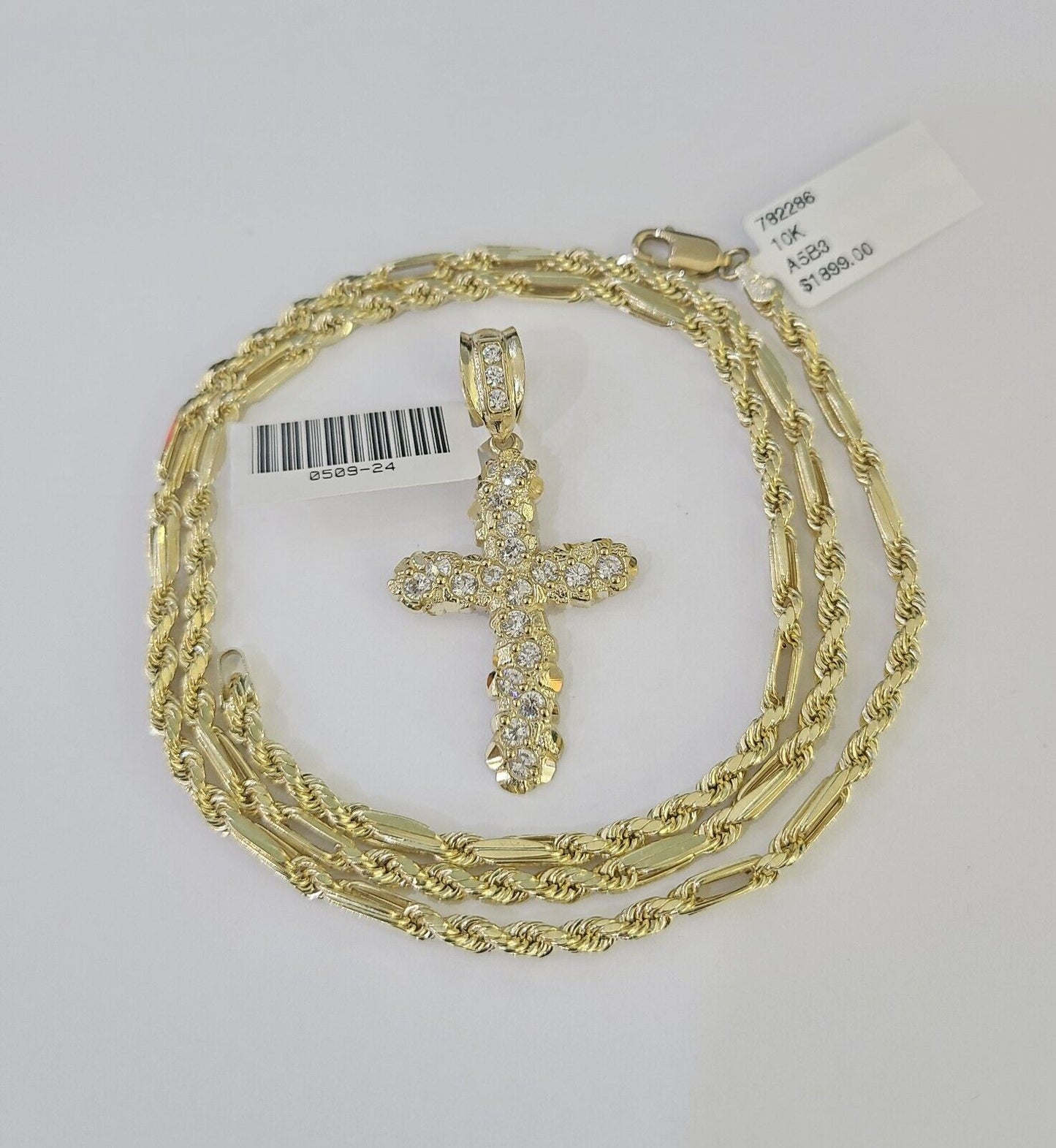 10k Milano Rope Chain Jesus Cross Charm Necklace SET 3mm 18" 20" 22" 24"