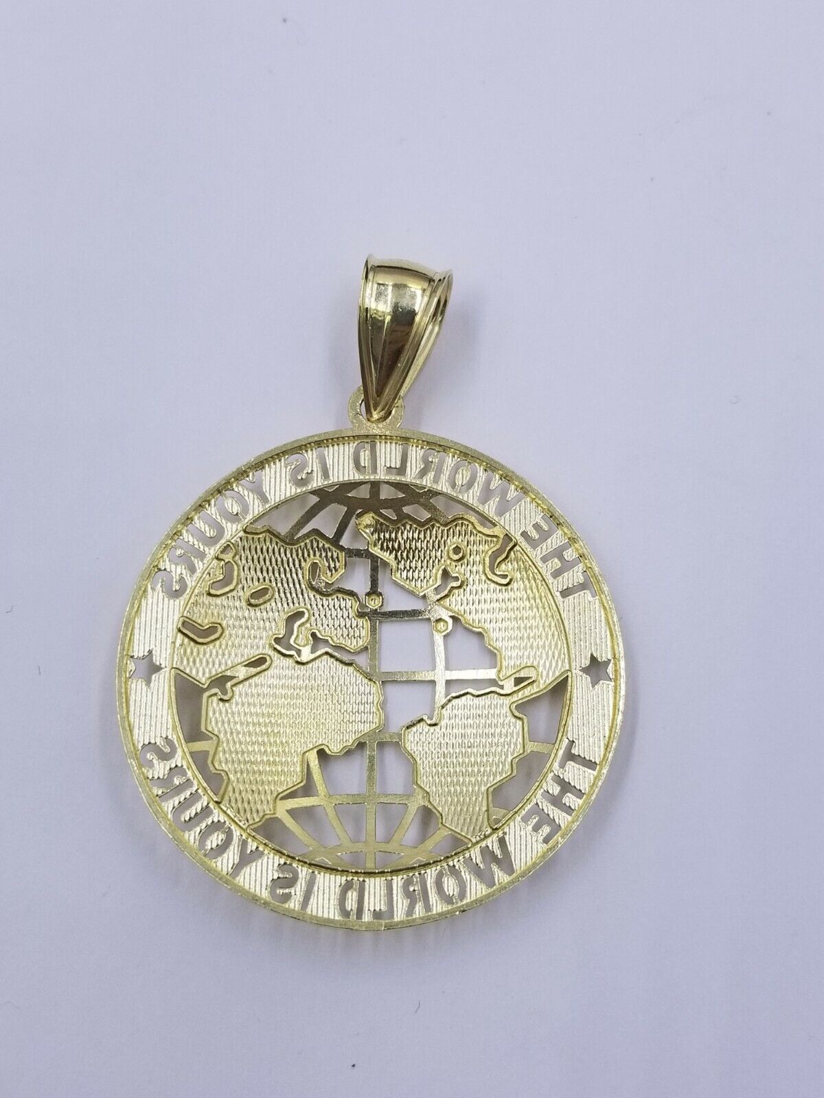 10K Yellow Gold Real Pendant The World is Your Solid fit a 7mm chain bail expand