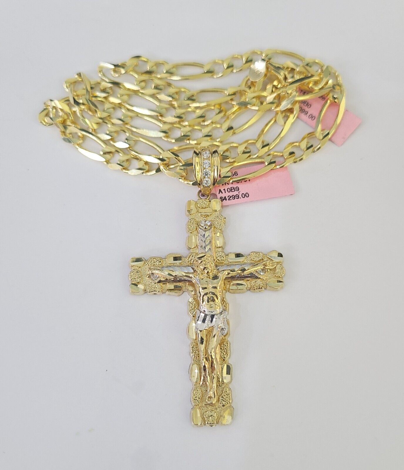 14k Solid Figaro Chain Jesus Cross Pendant Gold 7mm 20-30 inch SET Necklace