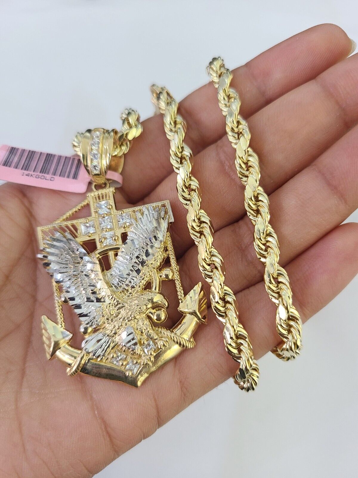 Real 14k Rope Chain Eagle Anchor Charm Set 6mm 18"-28" Necklace Yellow Gold