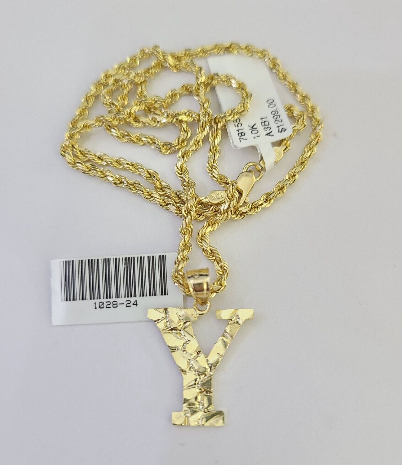 10k Gold Initial Y Charm Rope Chain 16"-26" 2.5mm SET Necklace Alphabet Pendant