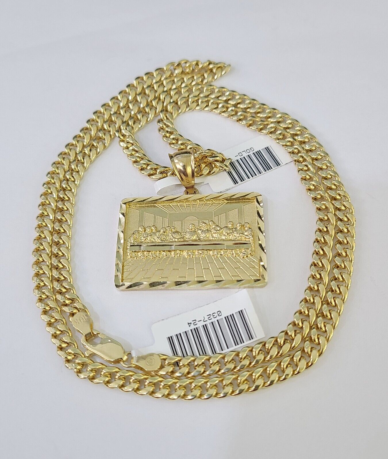 Real 10k Miami Cuban Chain Last Supper Charm Set 4mm Yellow Gold Necklace