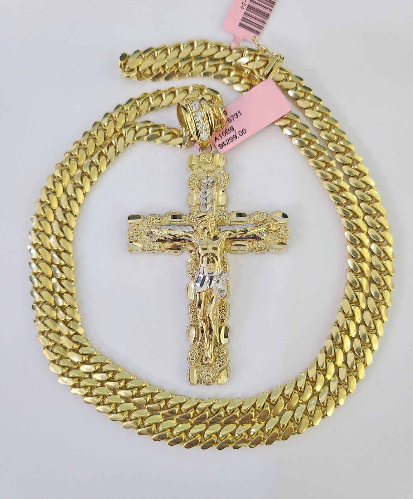 Real 14k Solid Chain Cross Charm Set Miami Cuban Link 6mm Necklace Pendant Gold